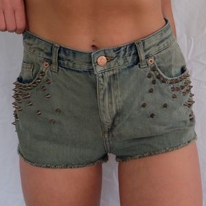 Topshop MOTO green studded jean shorts
